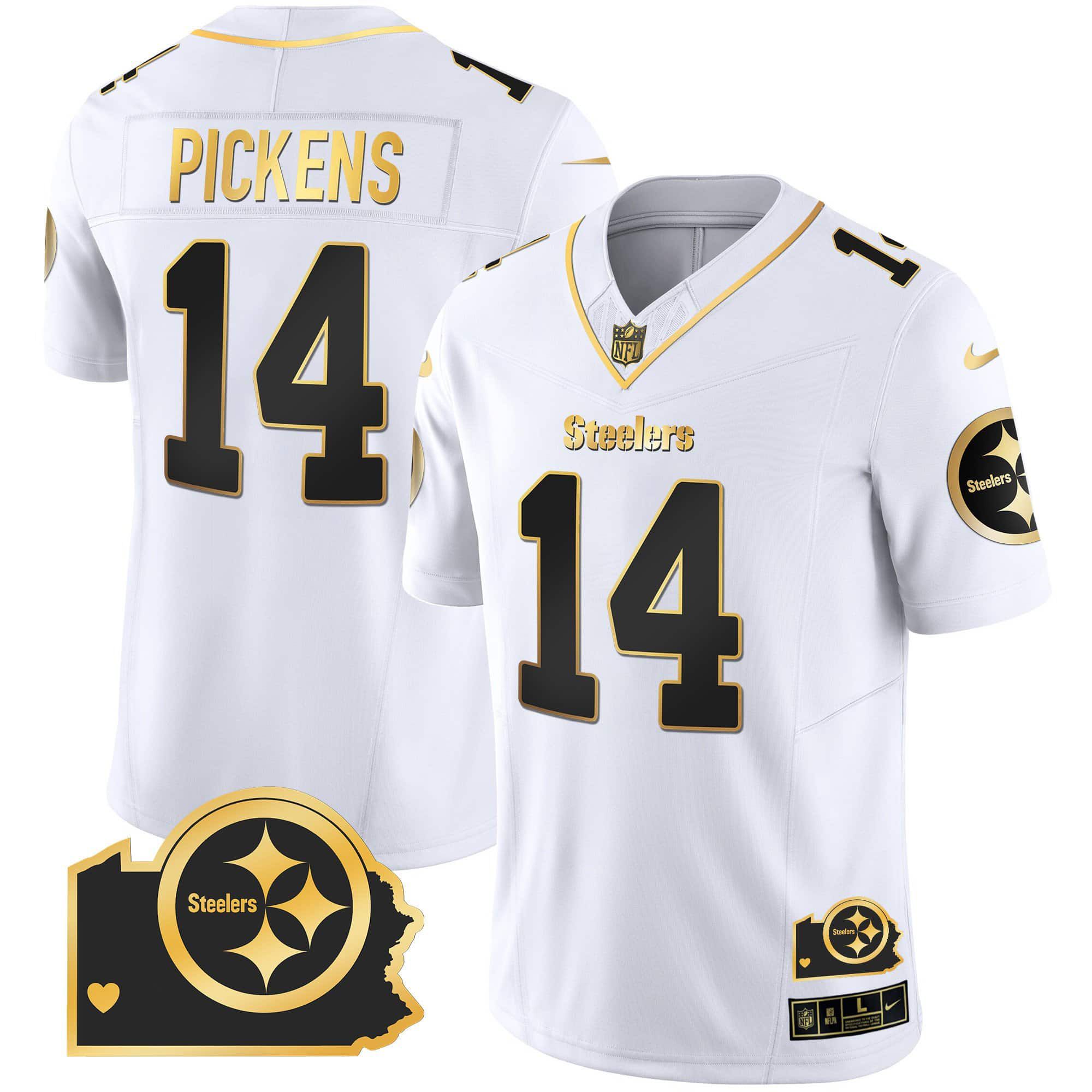 Men Pittsburgh Steelers 14 Pickens White Gold 2024 Nike Home Patch Vapor Limited NFL Jersey